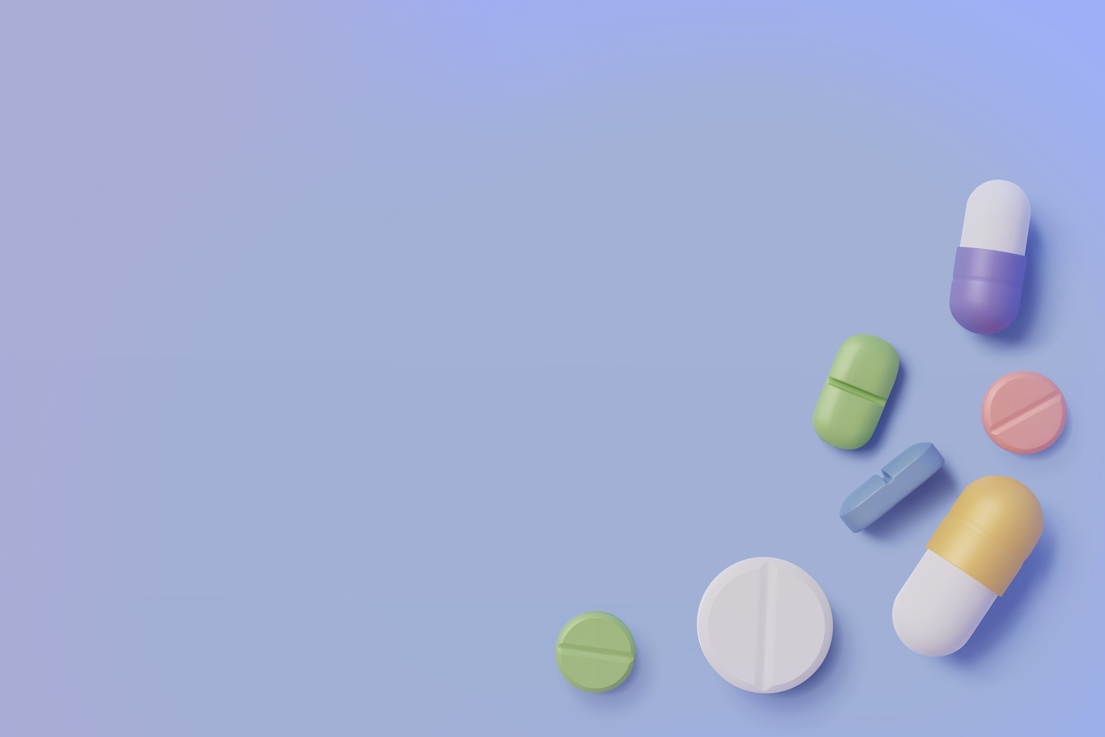 Colourful medication pills and capsules scattered on light purple background, including white, green, yellow and pink tablets.
