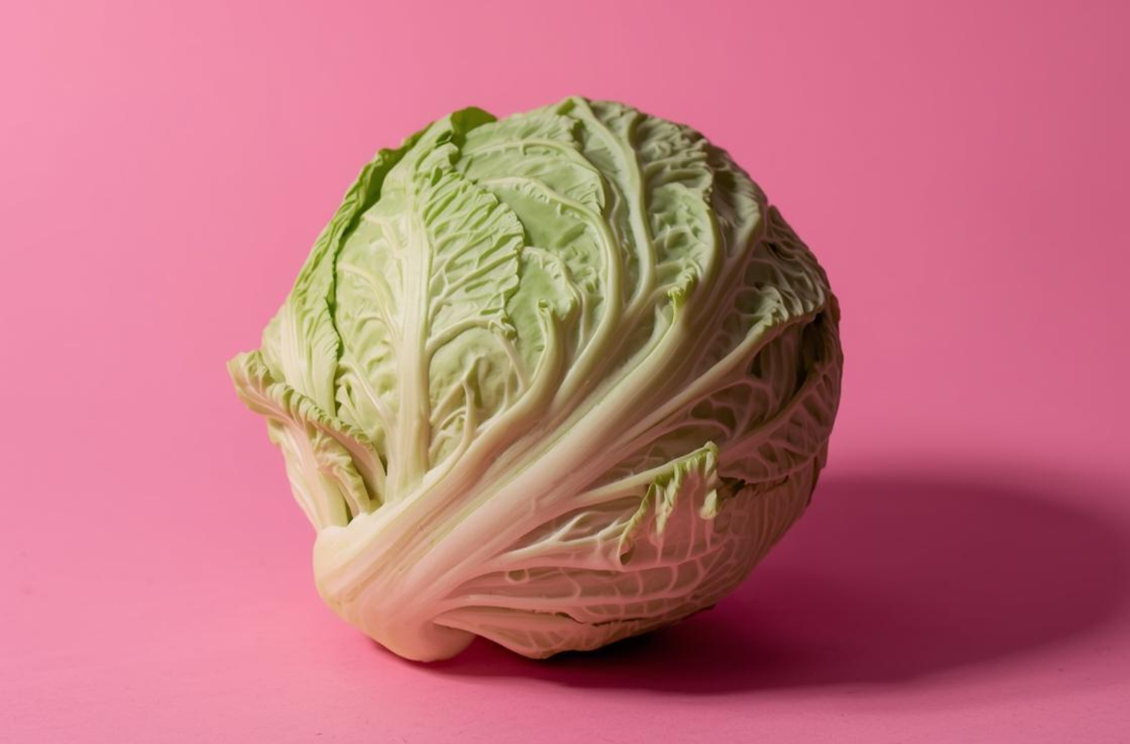 A green cabbage on a pink background